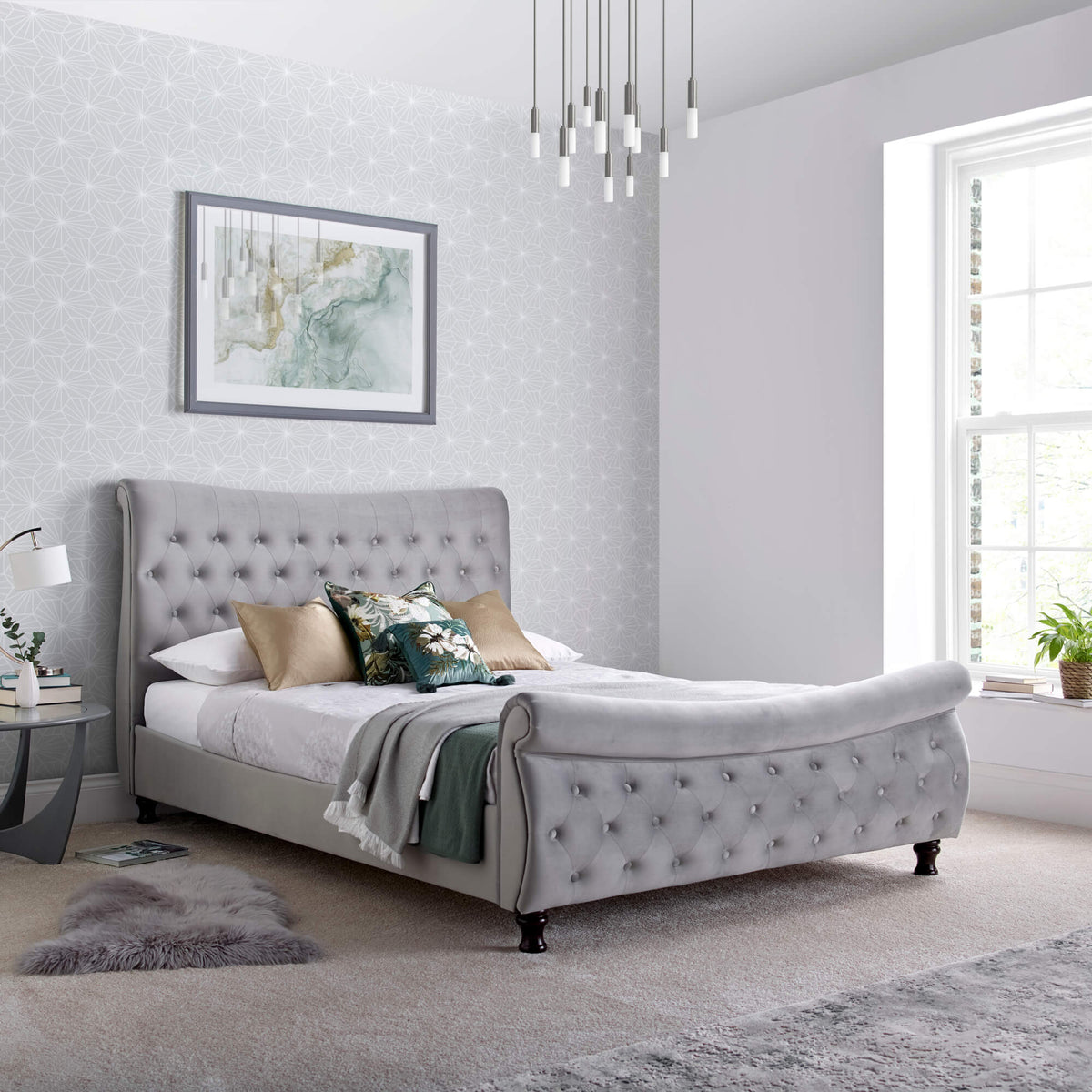 Oxford Velvet Chesterfield Sleigh Bed
